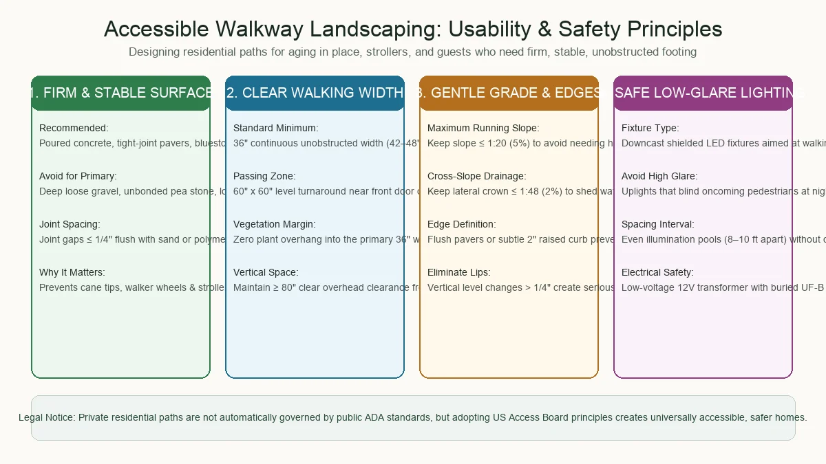 Accessible walkway landscaping concept illustrating firm stable surfaces, clear width, and gentle grade transitions