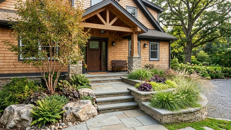 Modern craftsman front entry with an architectural serviceberry tree on one side balanced by low tiered stone planters on the other