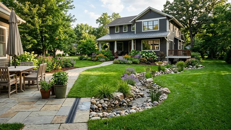 Backyard patio and lawn with integrated linear channel drain and decorative dry rock creek bed