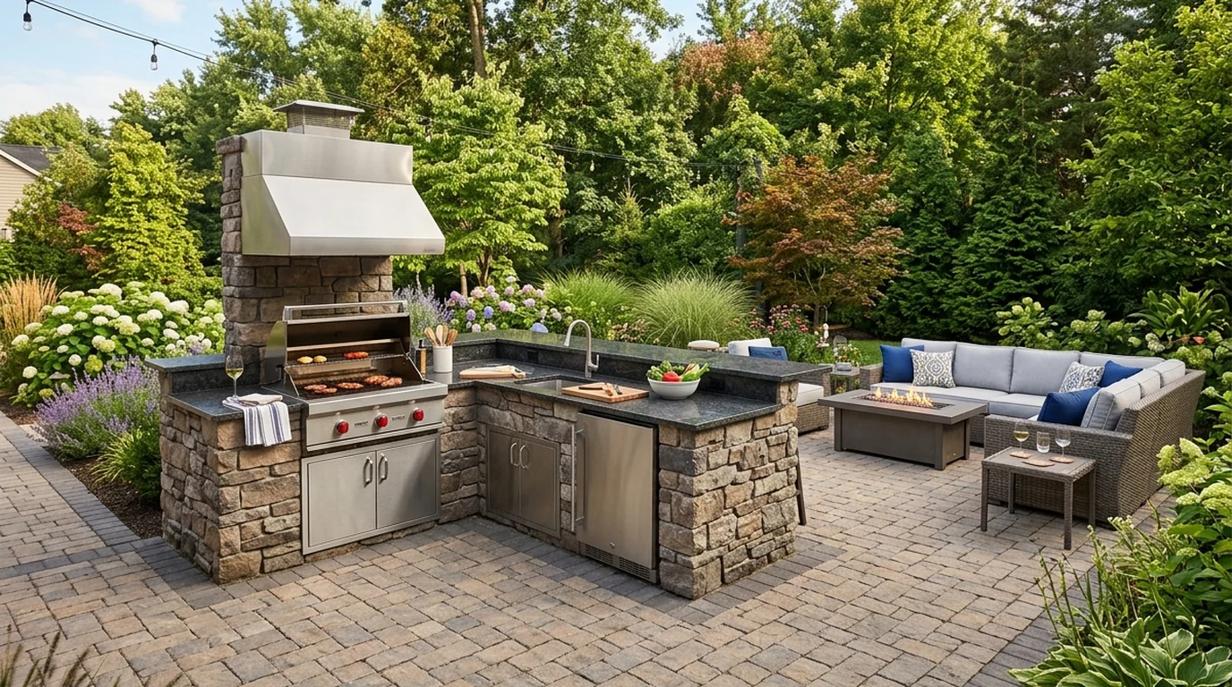 Custom New England backyard fire pit patio with stone seat wall, Adirondack chairs, bluestone pavers, and lush evening perimeter landscape lighting