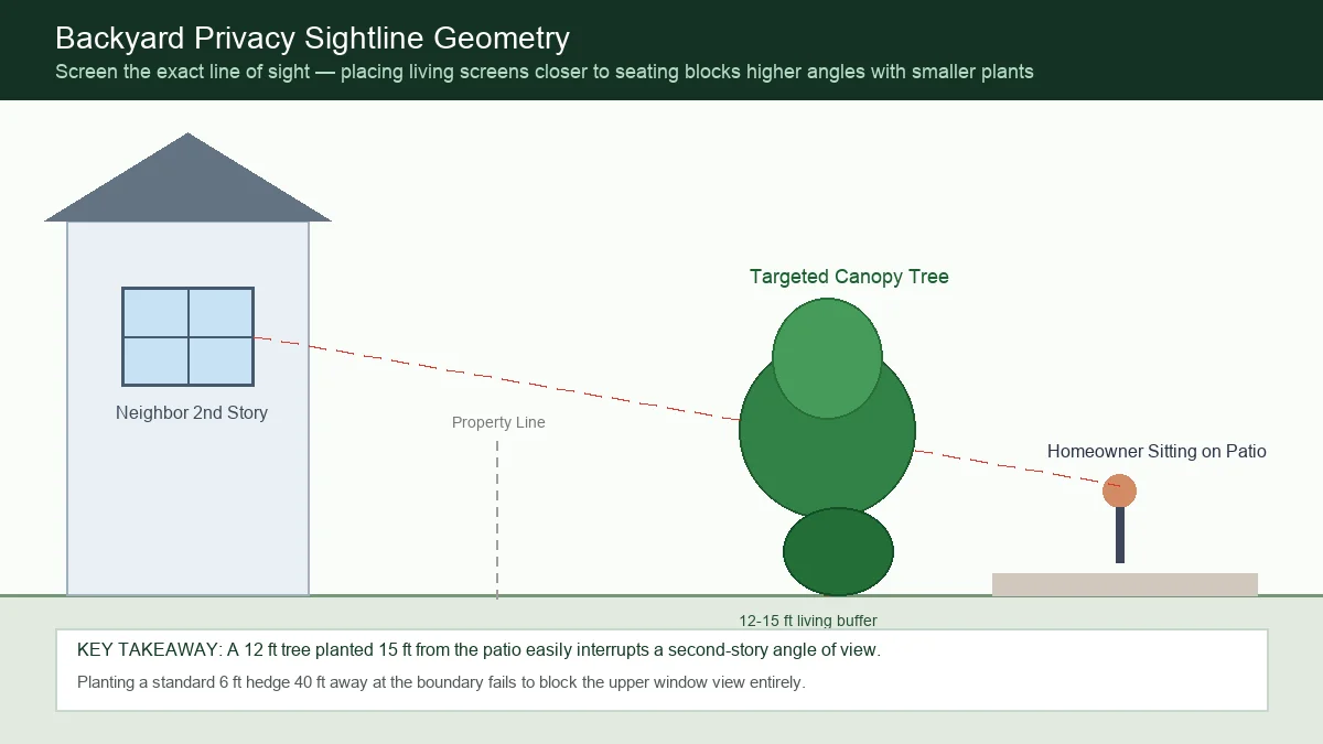 Diagram illustrating sightline geometry between a homeowner on a patio and a neighbor's second-story window