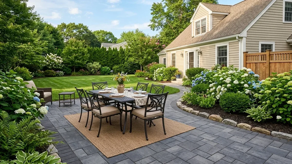 Comprehensive water-wise backyard featuring an outdoor seating patio, a right-sized green lawn patch, meadow plantings, and native shade trees