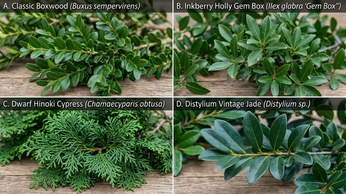 Botanical side by side comparison of classic boxwood versus native inkberry holly, dwarf hinoki cypress, and distylium