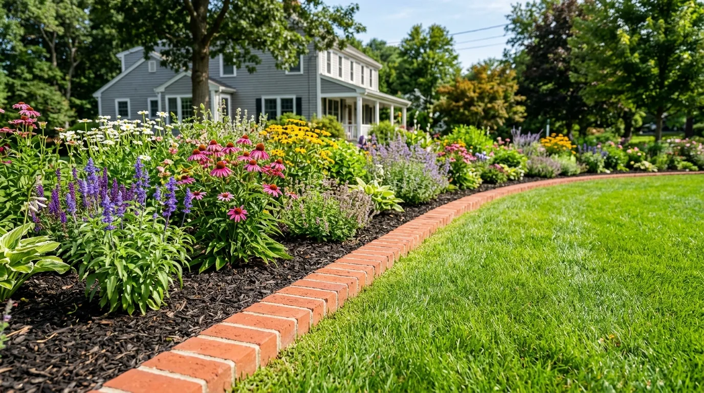 Classic red clay brick border laid neatly along a perennial flower bed and lawn