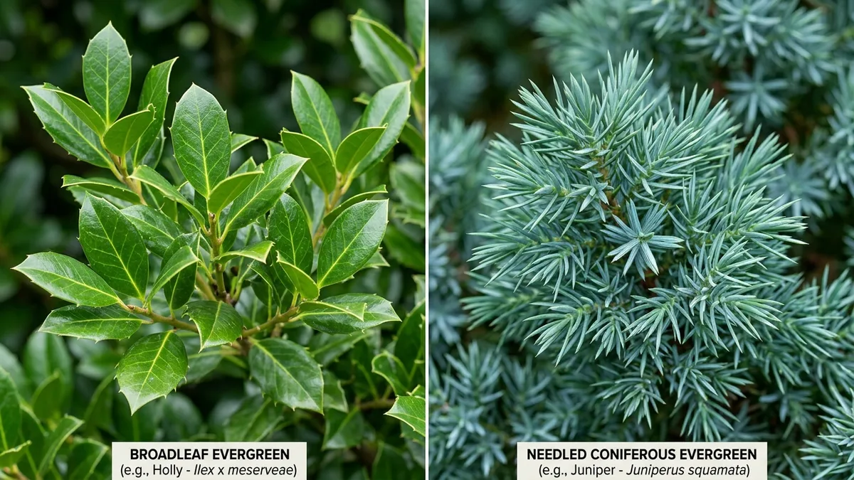 Horticultural macro comparison of broadleaf evergreen holly foliage alongside fine needled coniferous juniper foliage