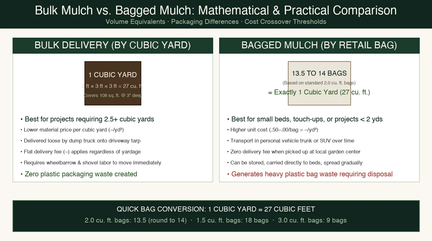 Comparison graphic contrasting bulk mulch delivery by the cubic yard with bagged mulch volume equivalents and pricing