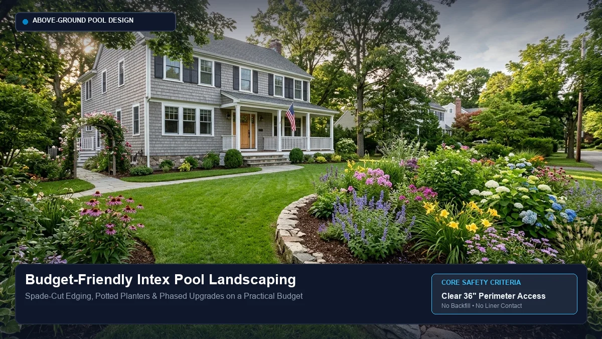 Budget-friendly Intex pool landscaping featuring spade-cut garden edging, contained pea gravel, potted tropical hibiscus, and clean lawn transition.