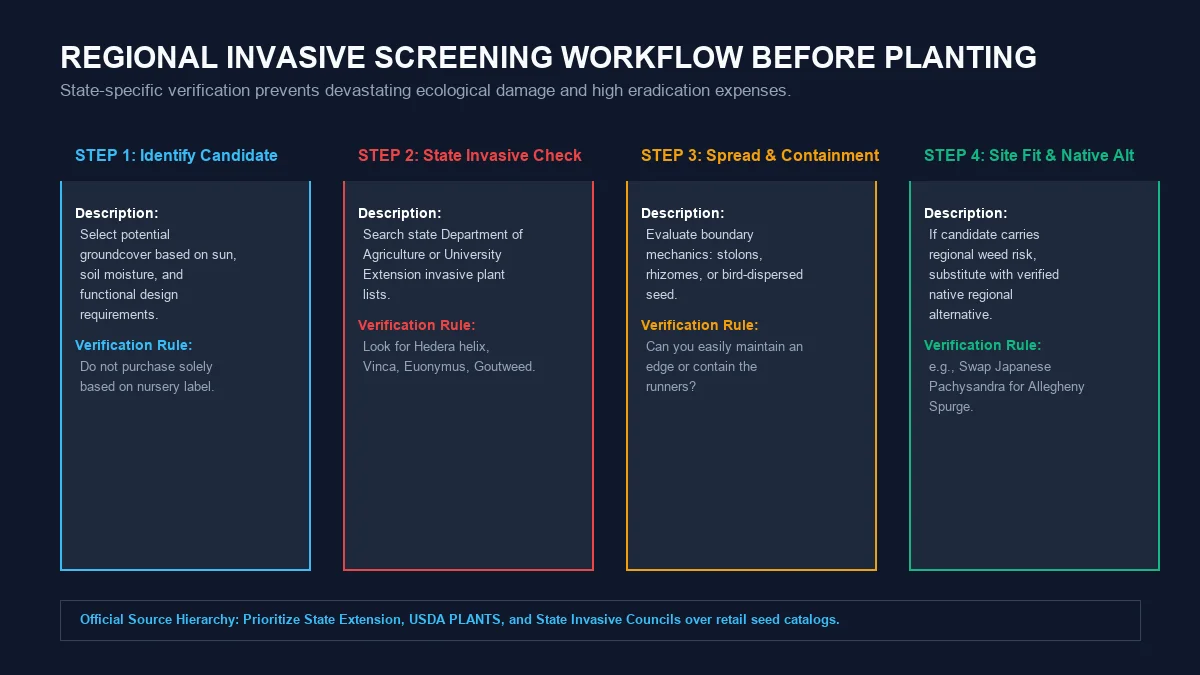 Invasive screening decision workflow showing four steps: candidate identification, state invasive check, spread containment audit, and native alternative substitution