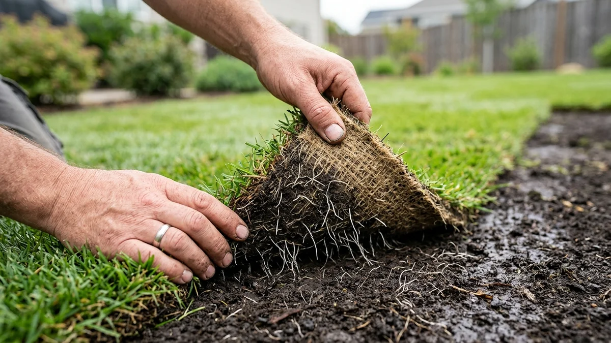 Lifting corner of freshly laid sod roll to check sub-sod soil moisture and white root growth