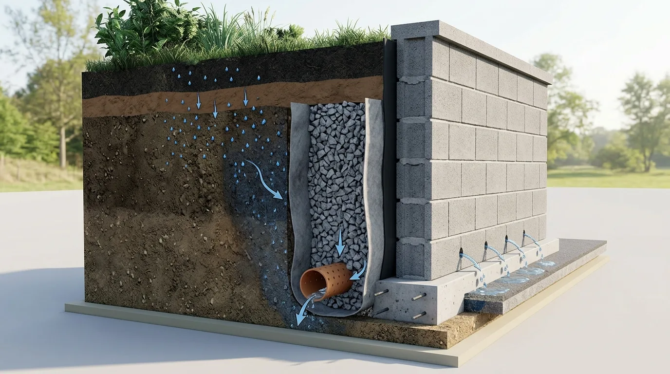 Architectural cutaway showing water management behind a CMU retaining wall: soil infiltration, waterproof barrier, crushed stone drainage chimney, and base weep holes