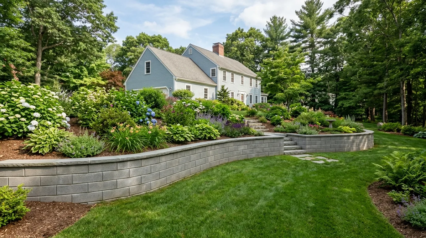 Finished concrete masonry retaining wall supporting a landscaped residential slope beside a lawn