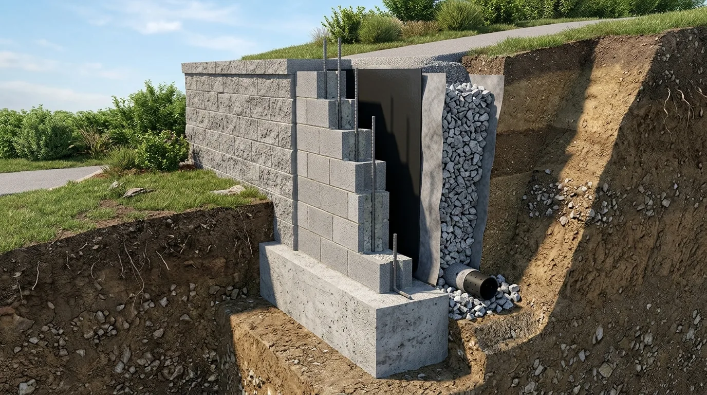3D architectural cutaway diagram of a reinforced concrete masonry unit CMU retaining wall showing poured footing, rebar dowels, grouted cores, waterproof barrier, and drainage column