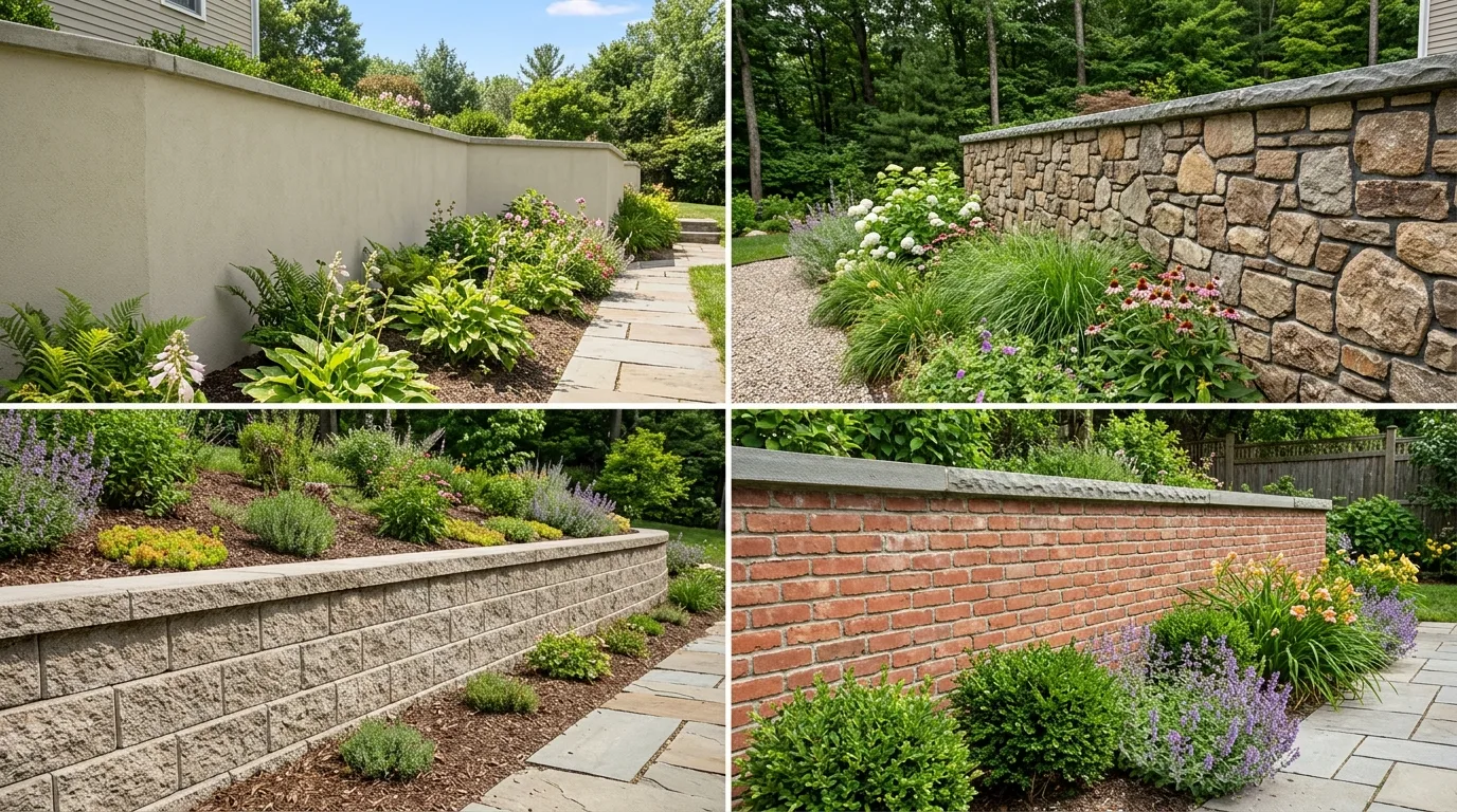 Four architectural finishes for residential CMU retaining walls: smooth stucco parge coat, natural fieldstone veneer, architectural split-face block, and classic brick facing