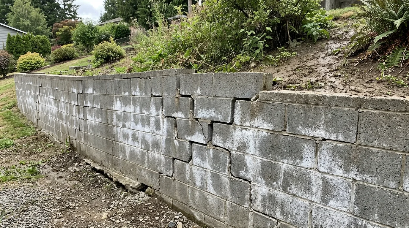 Failing residential concrete block retaining wall showing diagonal stair-step mortar joint cracks, white efflorescence salt leaching, and forward tipping