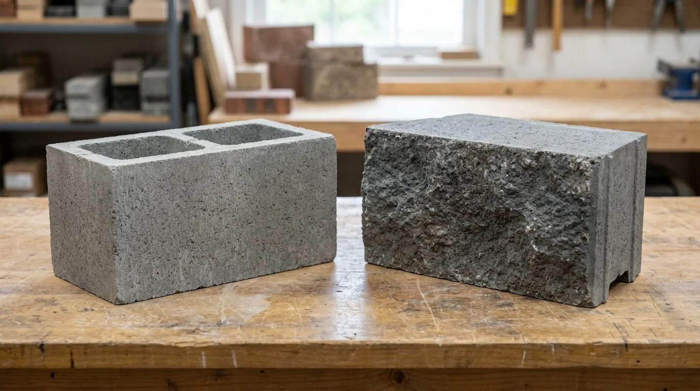 Product comparison between a standard hollow concrete masonry unit CMU on the left and a precast interlocking segmental retaining wall block on the right