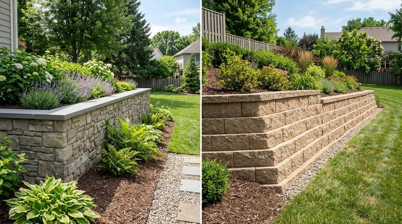 Side-by-side comparison of a vertical mortared CMU wall with stone veneer on the left versus a dry-stacked segmental block retaining wall with stepped batter on the right