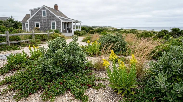 Coastal Massachusetts residential garden with northern bayberry, bearberry groundcover, and seaside goldenrod