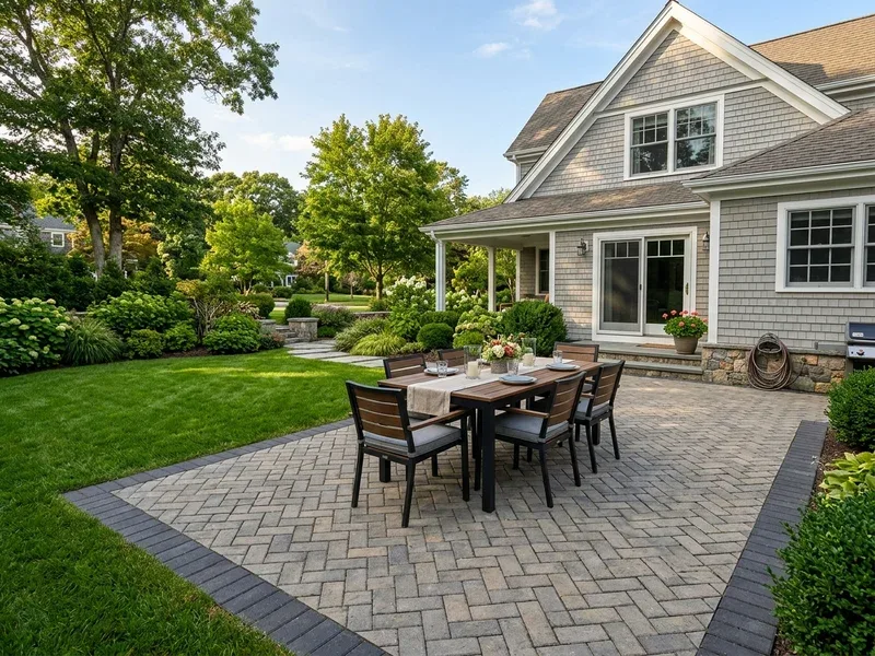 Herringbone concrete paver pattern with a contrasting charcoal soldier course border along a patio edge