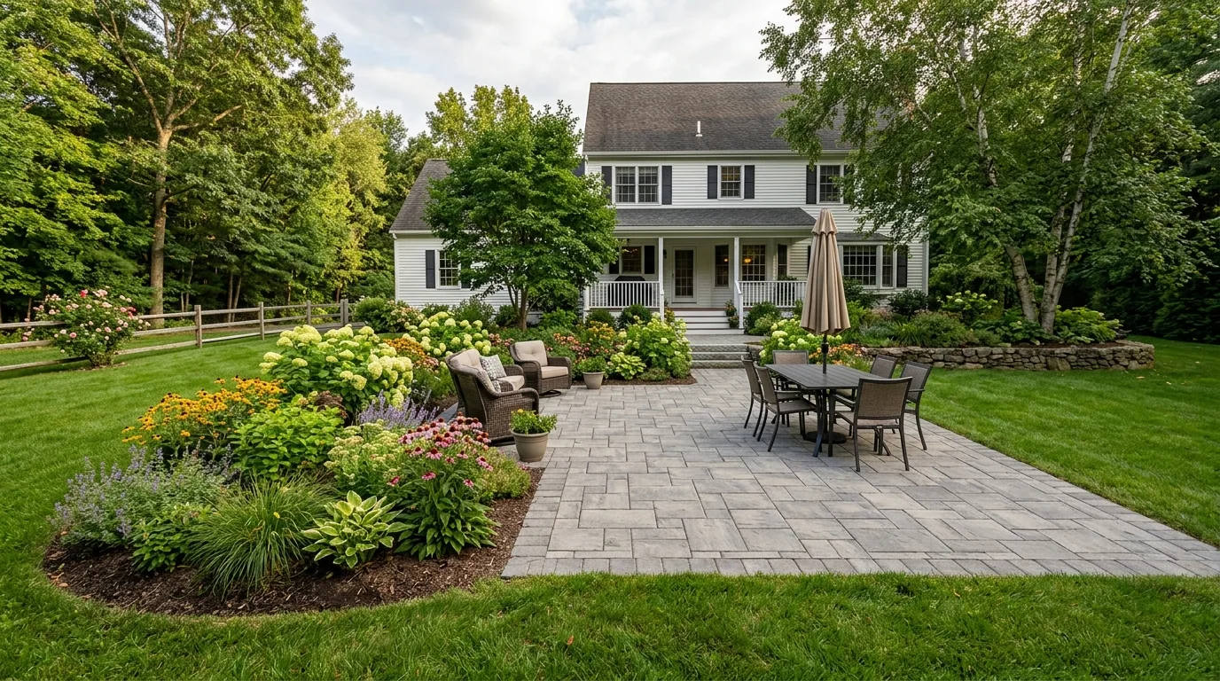 Suburban New England backyard featuring a gray concrete paver patio surrounded by landscaped perennial garden beds and green lawn