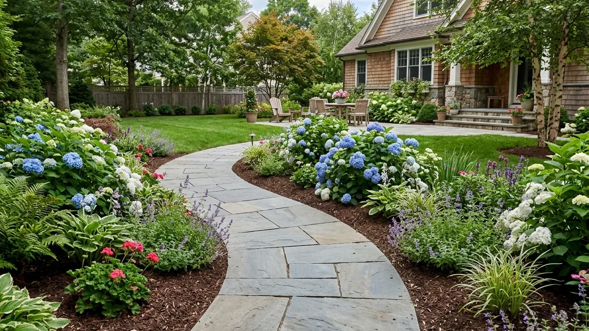 Corner landscape planting featuring a pyramidal evergreen anchor flanked by flowering shrubs and decorative boulders