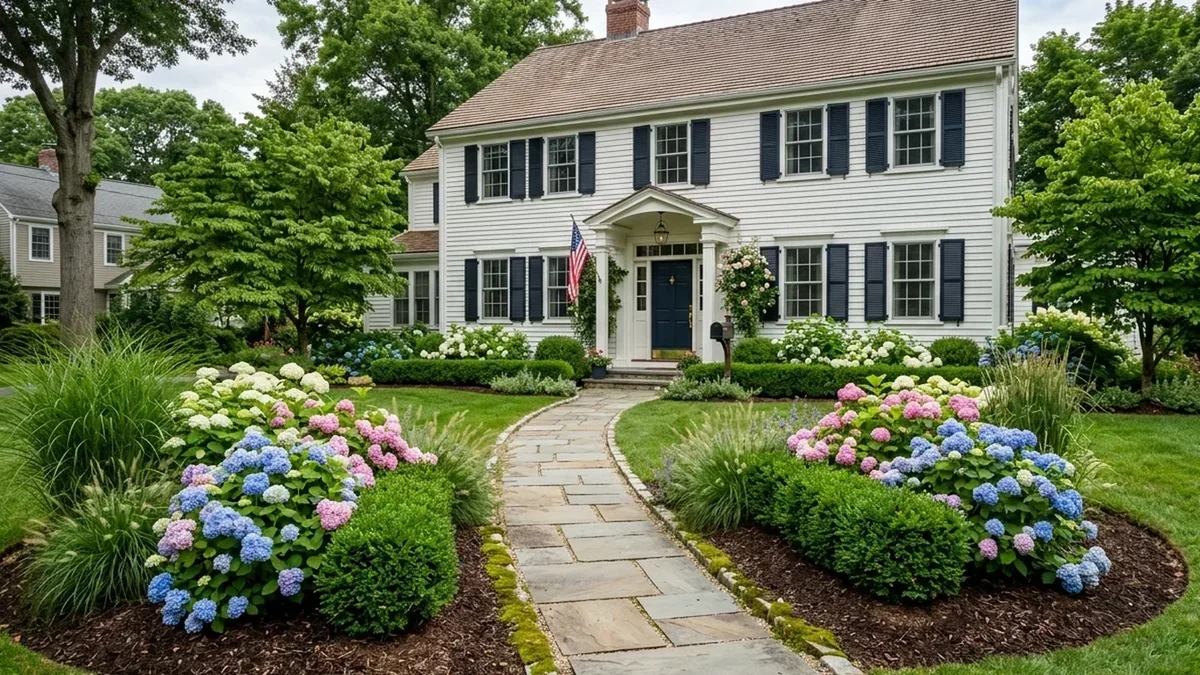 Charming cottage garden walkway bordered by flowering catmint, lavender, hardy geranium, and heritage roses