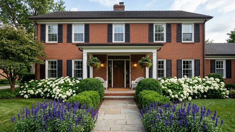 Symmetrical front porch flanked by rounded evergreen shrubs and white hydrangeas in front of a red brick colonial home