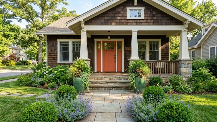 Inviting front entrance with warm-toned door framed by low nepeta, dwarf boxwood, and a direct bluestone path
