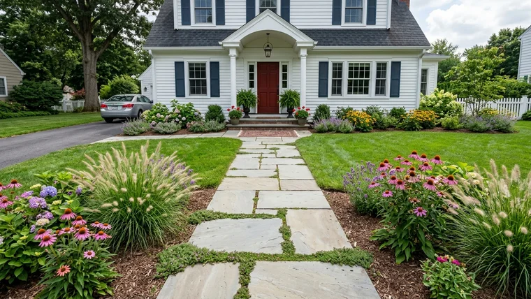 Wide bluestone front walkway flanked by neat mulch beds with fountain grass and coneflowers leading to a colonial front door