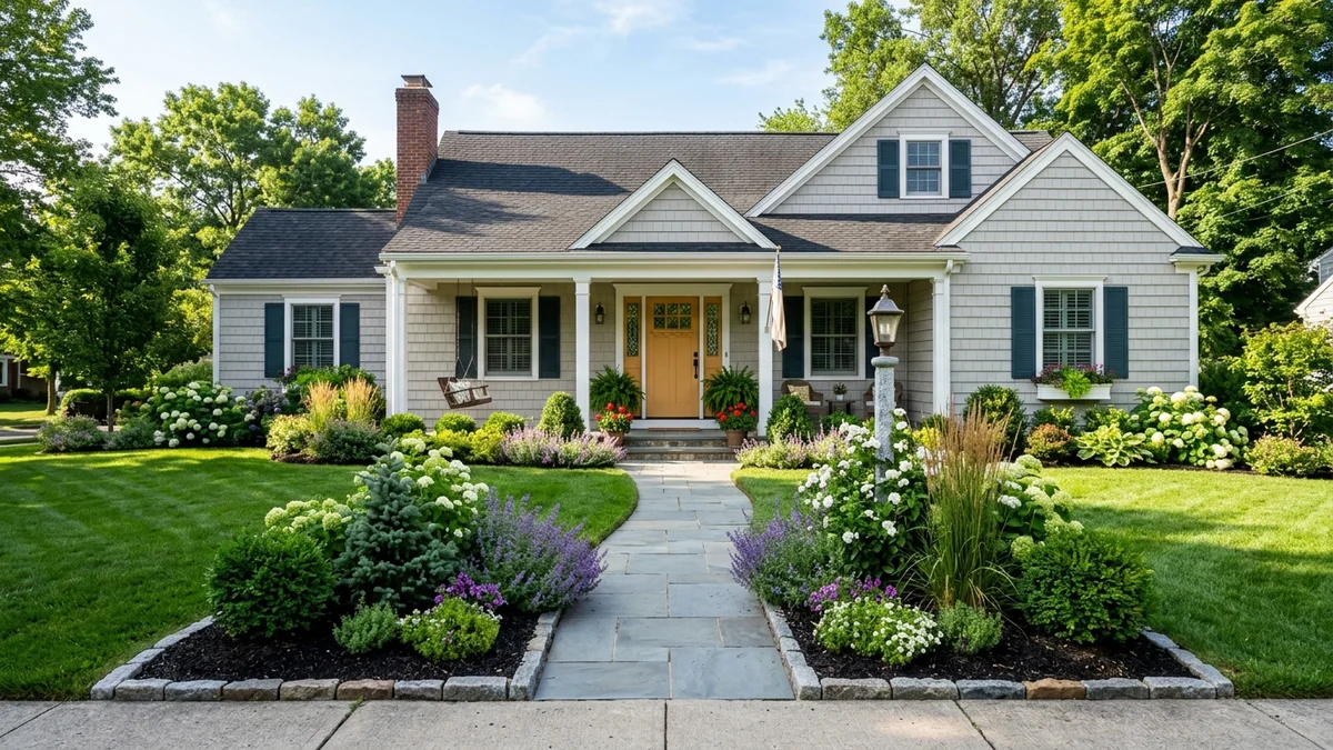 Harmonious front yard curb appeal landscaping featuring a wide bluestone walkway, manicured lawn panel, and layered flowering foundation beds