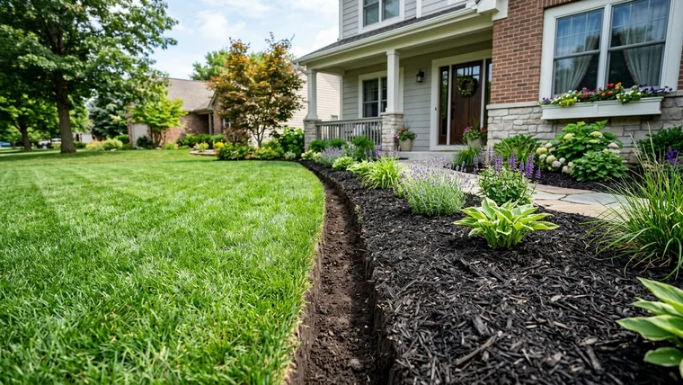 Crisp hand-spaded trench edge cleanly dividing green turf from dark shredded hardwood mulch in a front yard landscape bed