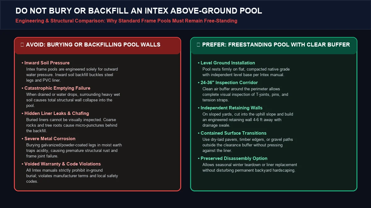 Engineering comparison diagram showing why burying an Intex pool wall with backfilled soil causes structural buckling and why a freestanding pool with a clear buffer is required.