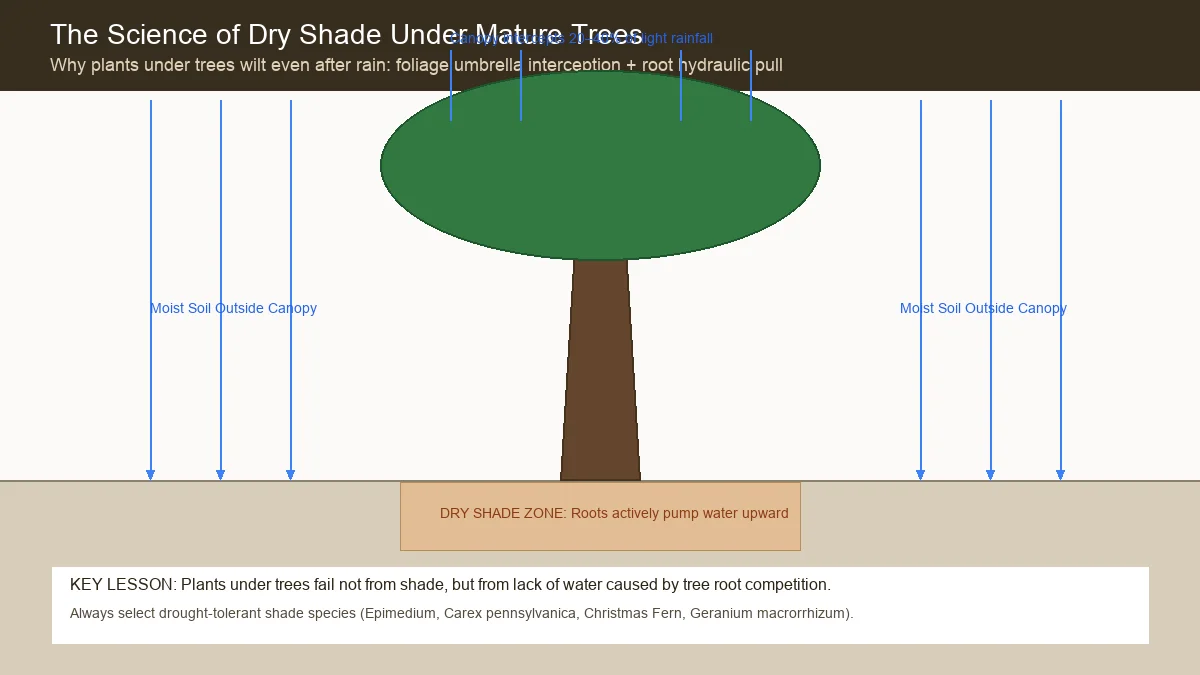 Educational diagram explaining rain canopy interception and fine feeder root moisture pull causing dry shade under trees