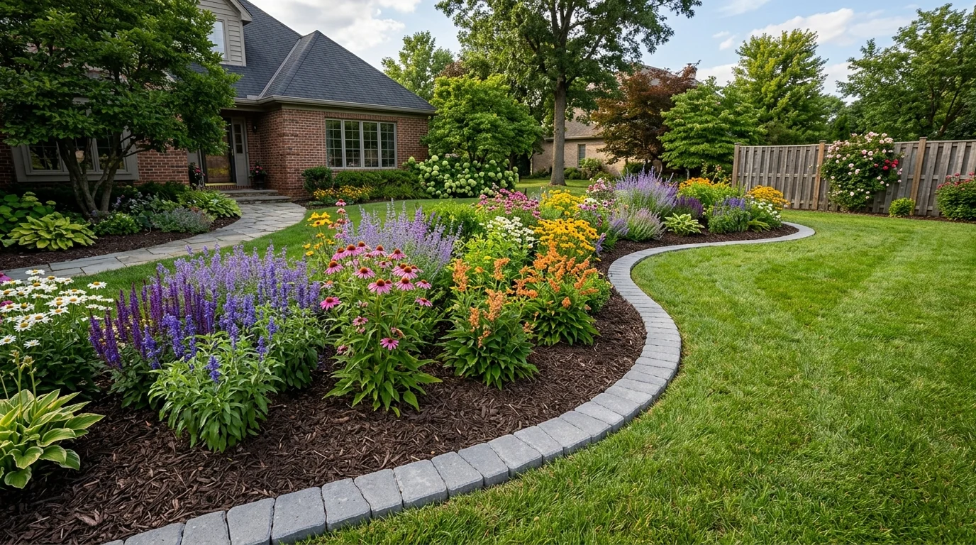 Flower bed before and after refresh showing crisp edge and rich dark shredded bark mulch surrounding healthy green shrubs