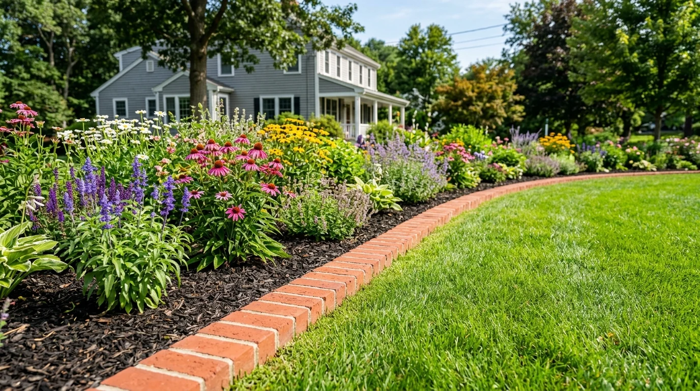 Layered residential foundation planting showing low creeping groundcover in front, mid-height blooming perennials, and compact evergreen shrubs in the back
