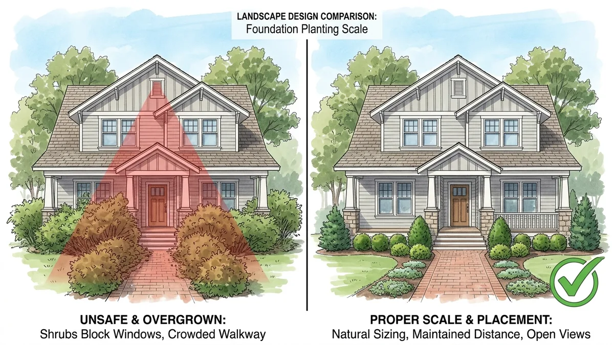 Architectural comparison showing overgrown shrubs blocking windows versus right-sized mature compact evergreen shrubs