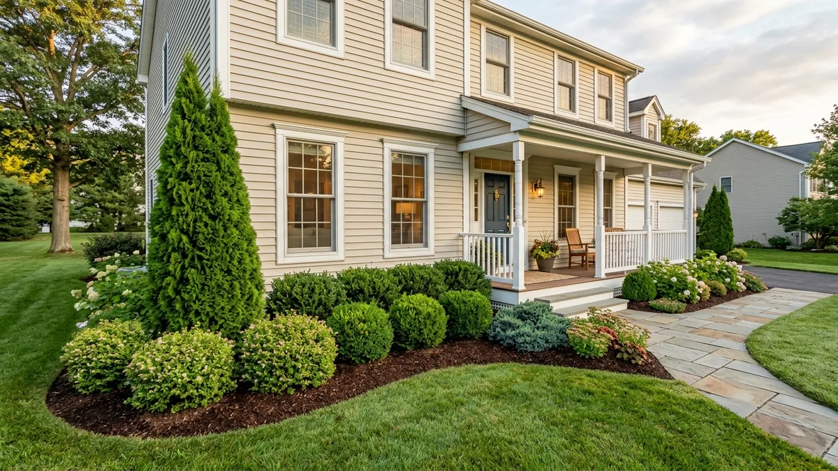 Beautiful front of house foundation landscaping featuring compact evergreen shrubs, neat mulch bed edging, and upright corner accent