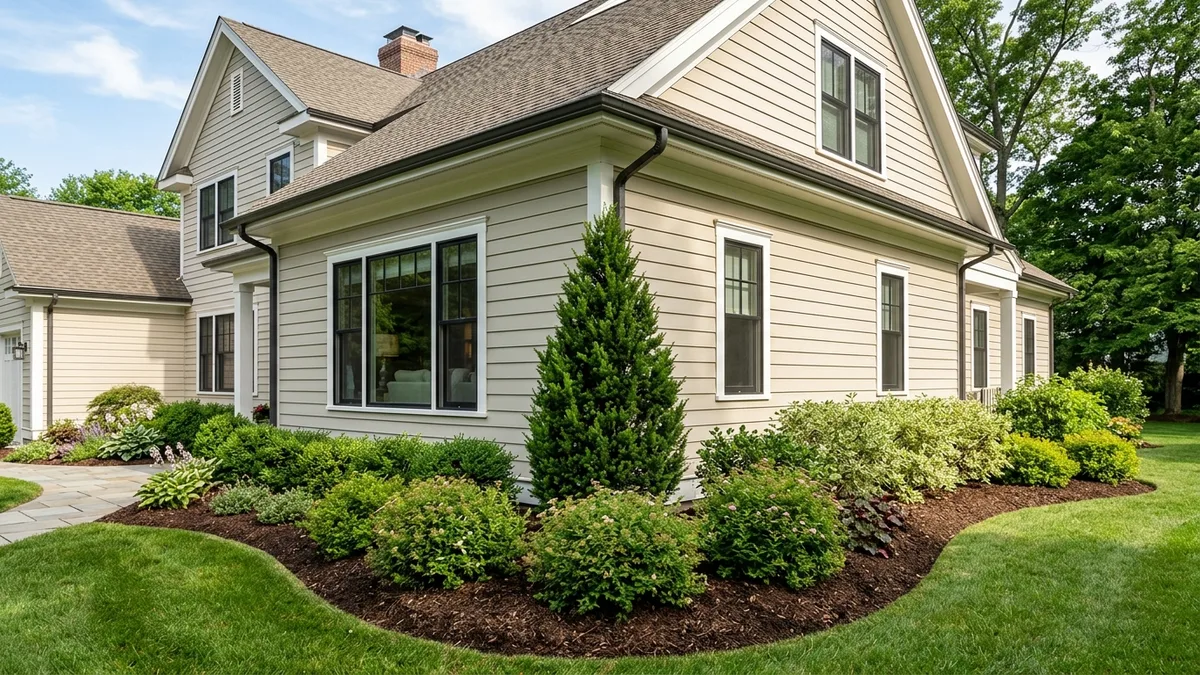 Upright pyramidal evergreen shrub anchoring the corner of a two-story home with ample clearance from roof eaves