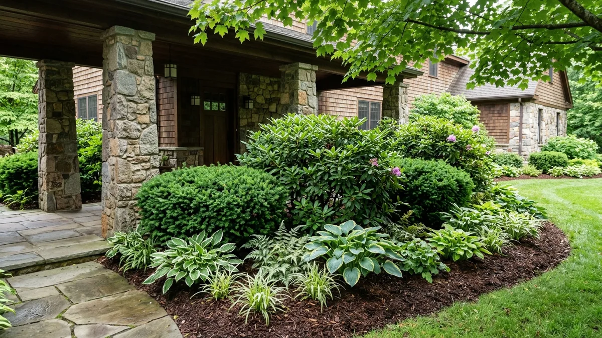 Lush north-facing front foundation bed in dappled shade featuring dark green mounded yews and broadleaf rhododendrons