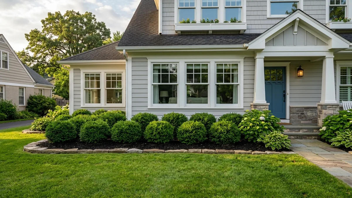 Low mounded compact evergreen shrubs beneath residential windows maintaining a 12-inch clearance below windowsills