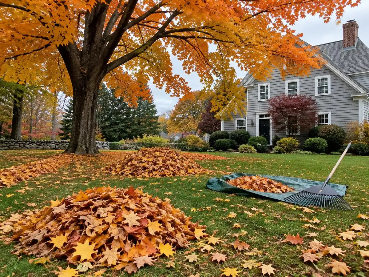 Autumn leaves raked into rows on a New England lawn with a maple in full fall color