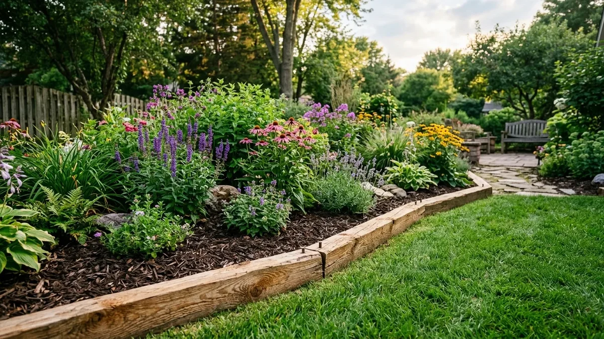 Organized farmhouse kitchen garden with cedar raised beds, gravel pathways, culinary herbs, and edible flowers