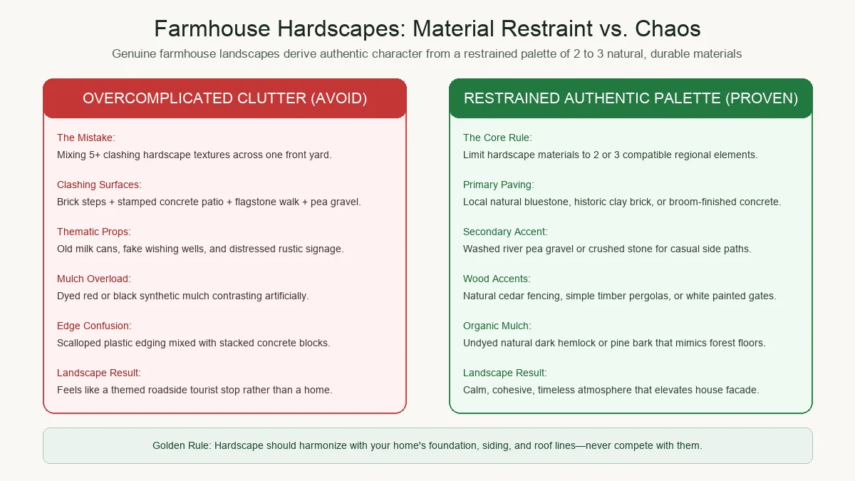 Hardscape comparison diagram illustrating material restraint: choosing 2-3 compatible regional stones rather than overcomplicated thematic clutter