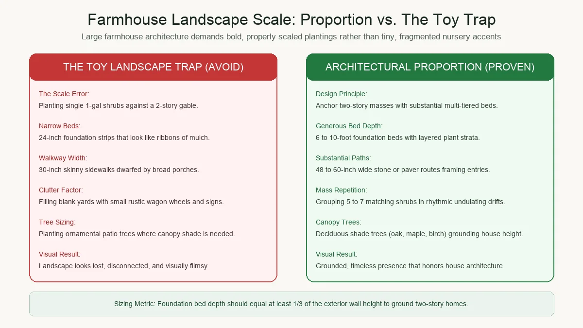 Landscape design diagram illustrating architectural scale: avoiding toy 2-foot foundation strips by designing deep 6-to-10-foot beds for two-story farmhouses