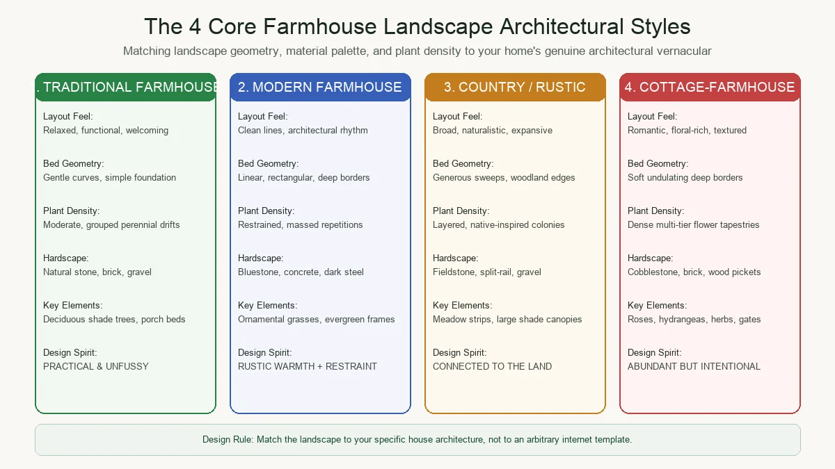 Architectural comparison diagram illustrating the four farmhouse landscaping styles: Traditional, Modern, Country Rustic, and Cottage Farmhouse