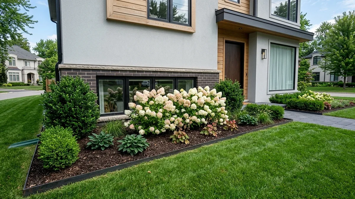 Right-sized white panicle hydrangeas framing a farmhouse front porch alongside evergreen foundation shrubs
