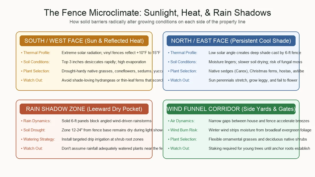 Educational diagram showing how fence orientation creates sun, shade, reflected heat, and rain shadow zones