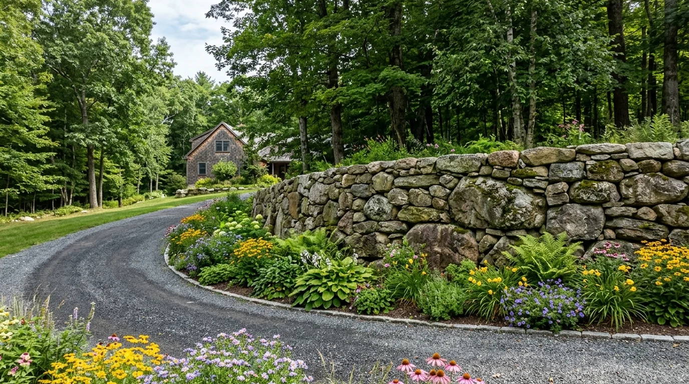 Curved masonry stone seat wall enclosing a circular fire pit patio with smooth bluestone wall caps