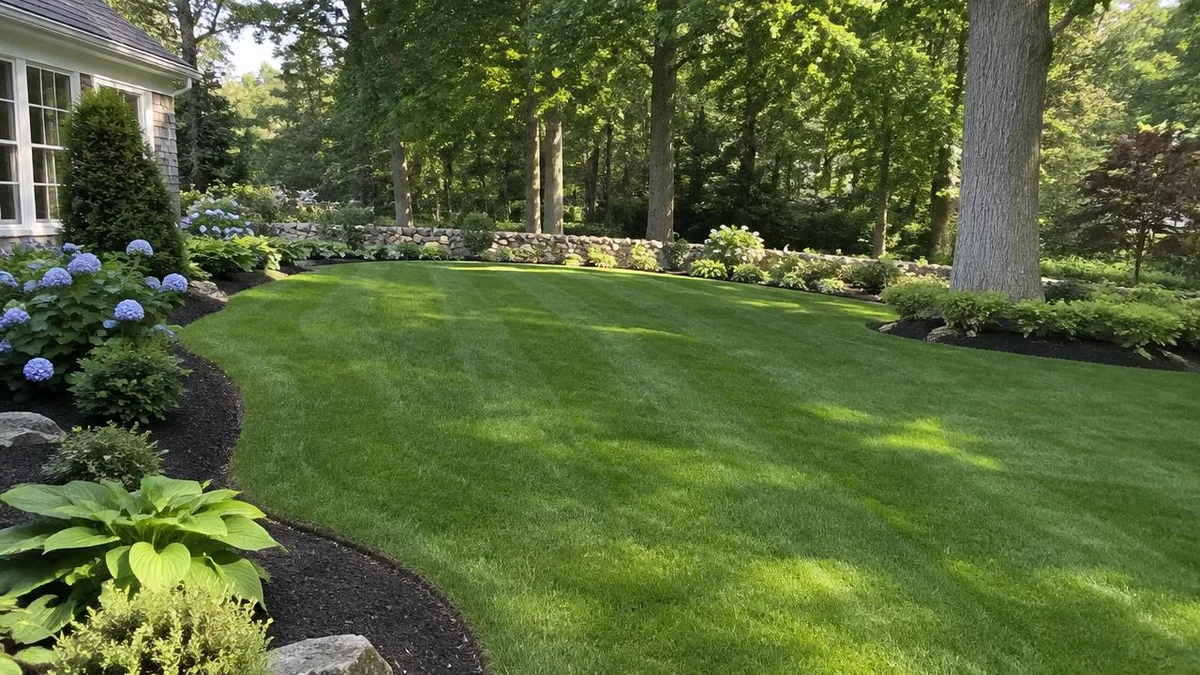 Manicured, firmly rooted residential turfgrass lawn ready for its first mow