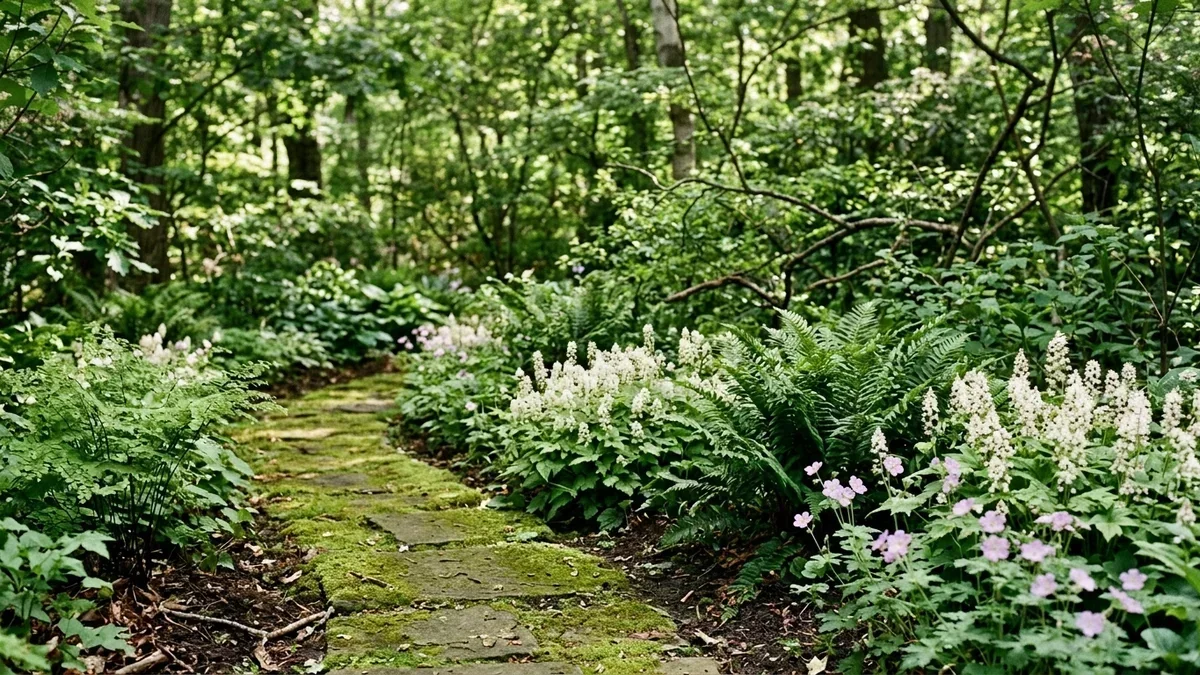 Layered front yard foundation flower bed with evergreen shrubs, flowering perennials, and clean stone edging