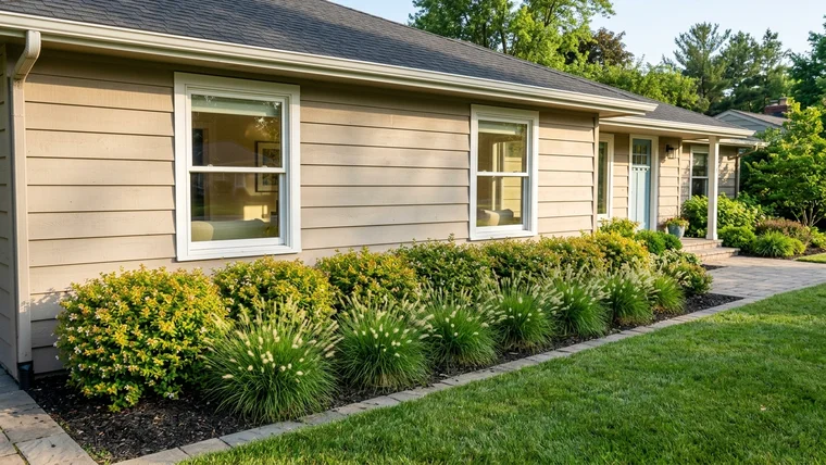 Low-growing dwarf abelia and fountain grass planted beneath low-silled front windows of a ranch home, preserving open views